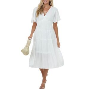 Umgee White Midi Dress Women’s Size Medium Solid White Short Sleeve Dress